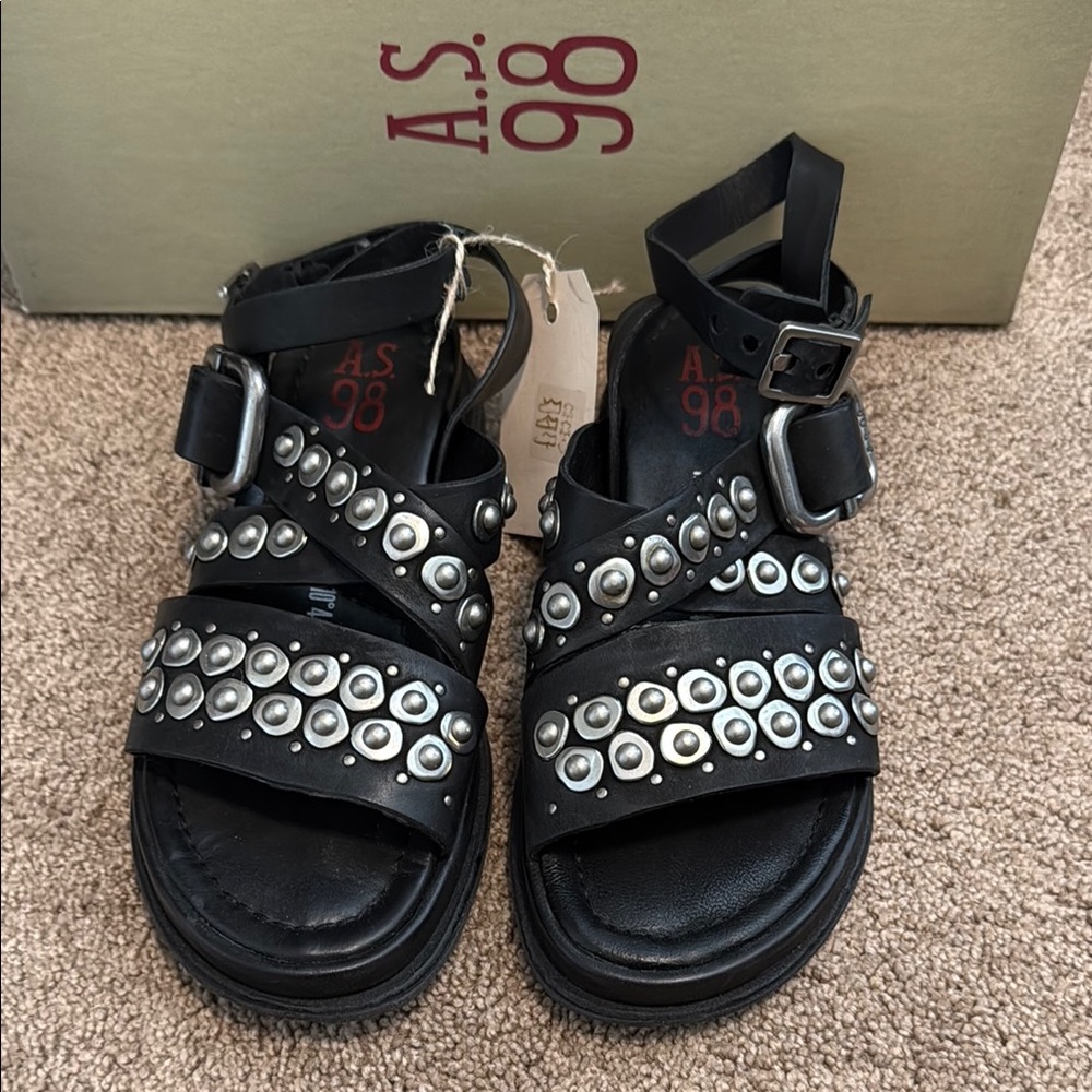 A.S.98 Schneider Black Sandals with Silver Studded Accents size EU 37- Brand New
